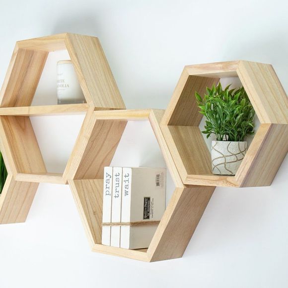 Floating Shelves - Natural Hexagon Shelves Set of 4 - wall decor - Picture 3 of 10